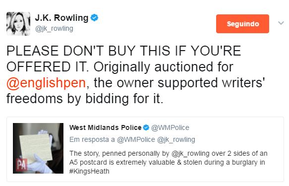 Tweet de J. K. Rowling sobre a prequela roubada