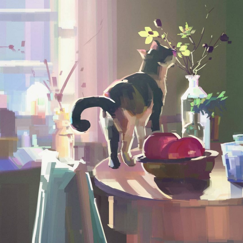 Pintura com cor pastel de um gato tomando banho de sol por Wayne Tsay