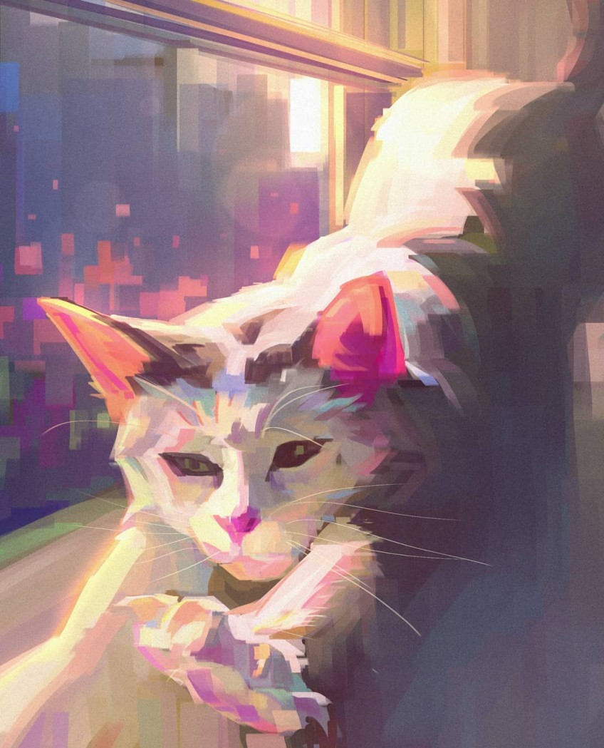 Pintura com cor pastel de um gato tomando banho de sol por Wayne Tsay